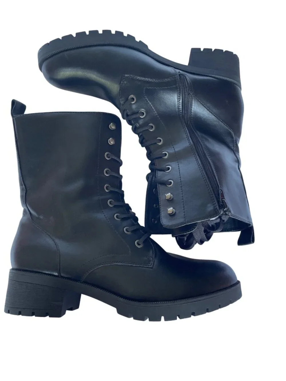 Womens Black Combat Boots Size 12 With Side Zipper & Lace-Up Design